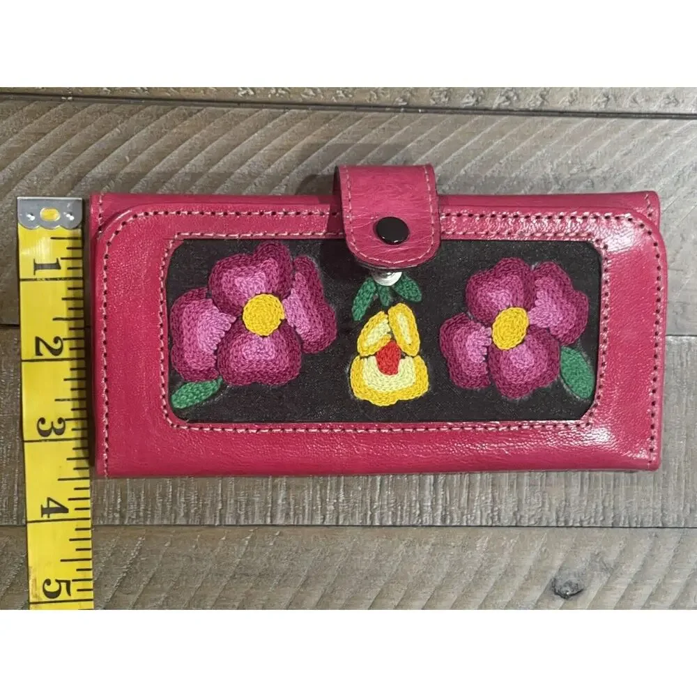 Womens Hand Embroidered & Embossed Leather Tri-Fold Wallet Mirror/Change Pouch